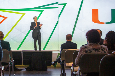 University President Julio Frenk is photographed on stage during the State of the University address at the Shalala Student Center on Thursday, Sept. 15. Photo: Joshua Prezant/University of Miami